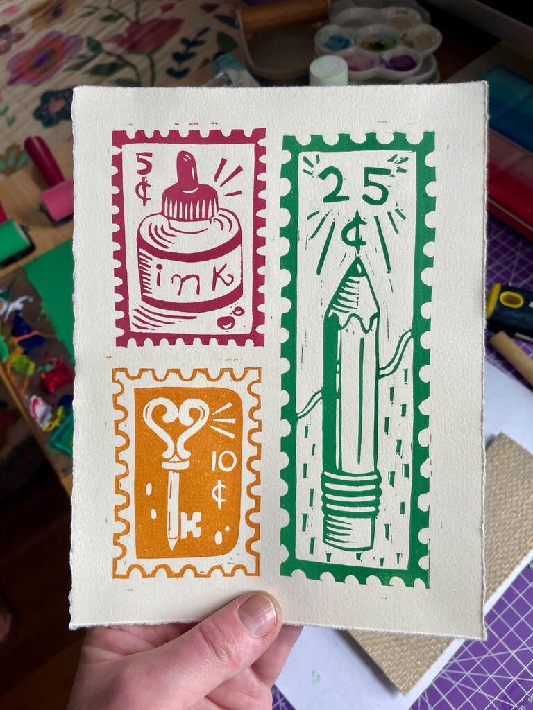 Stamp Collection | buy prints Linocut print on paper: 3 stamp designs, a 5 cent stamp with an ink bottle, a 10 cent stamp with a key, and a 25 cent stamp with a pencil.