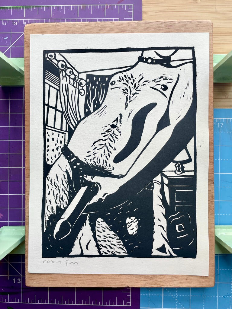 Strapped | buy prints Block print of a hairy transmasculine person wearing a strap on and holding the dildo suggestively.