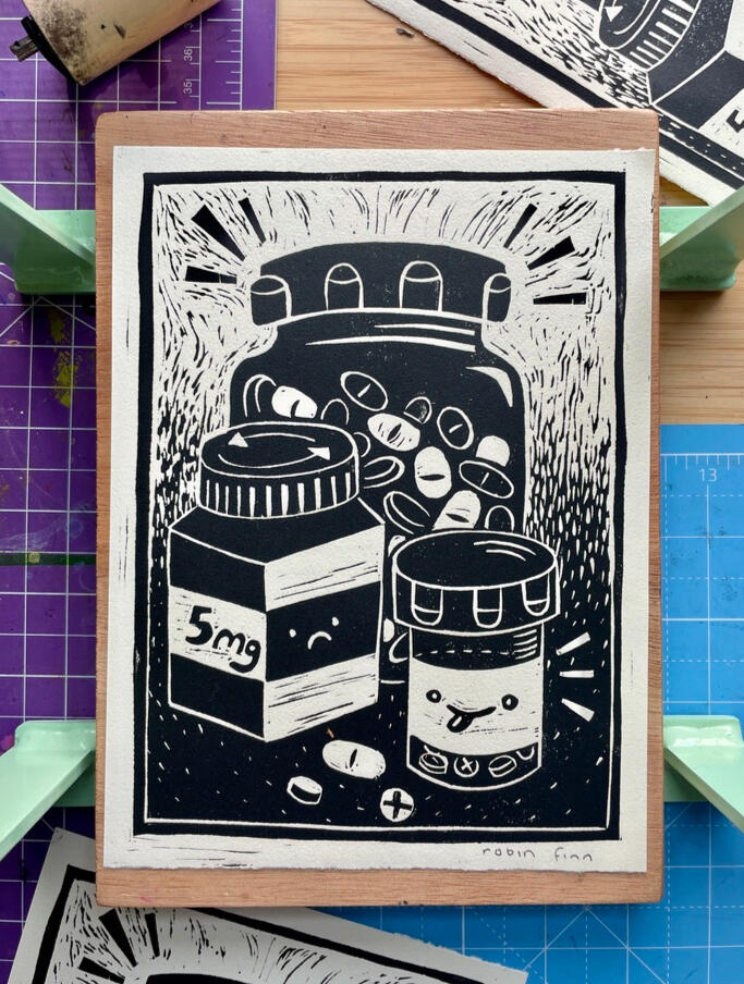 Silly Pills | buy prints Linocut print still life of anthropomorphized pill bottles, one smiling with tongue out and another with a sad face.