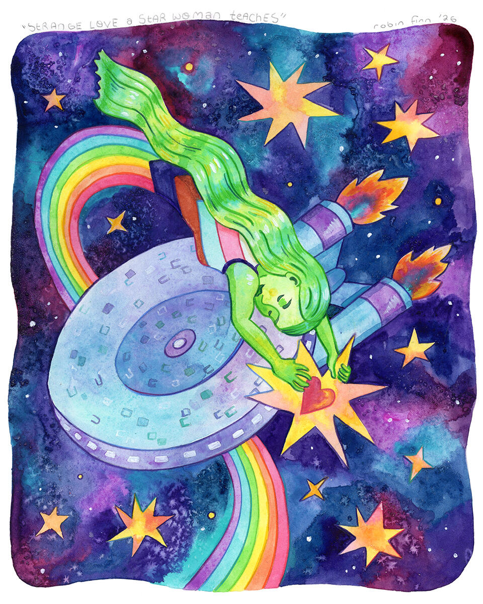 Strange Love a Star Woman Teaches | buy prints Watercolor painting of an anthropomorphic comet woman with the progress pride flag for a tail swooping around a starship similar to the USS Enterprise in a beautiful nebula.