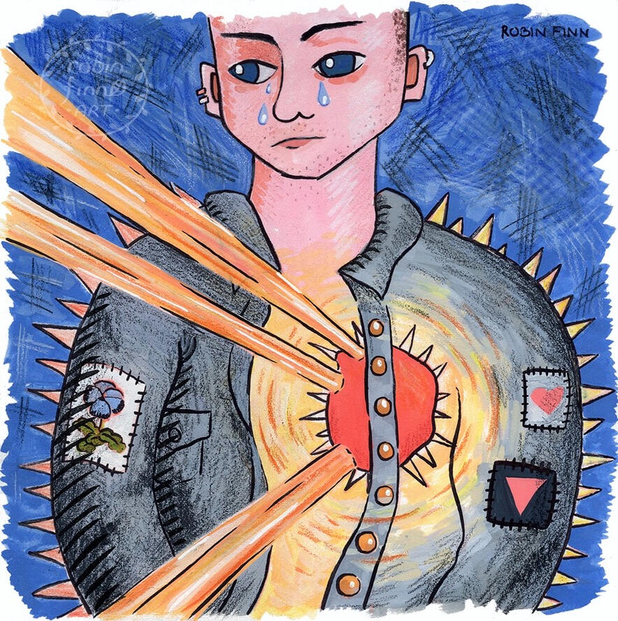 Pulling the Spikes from My Heart and Wearing them On My Jacket Instead Mixed media painting of a light skinned person in a spiked denim jacket with queer punk patches, crying. Their heart is shining and full of spikes, reminiscent of the Sacred Heart.