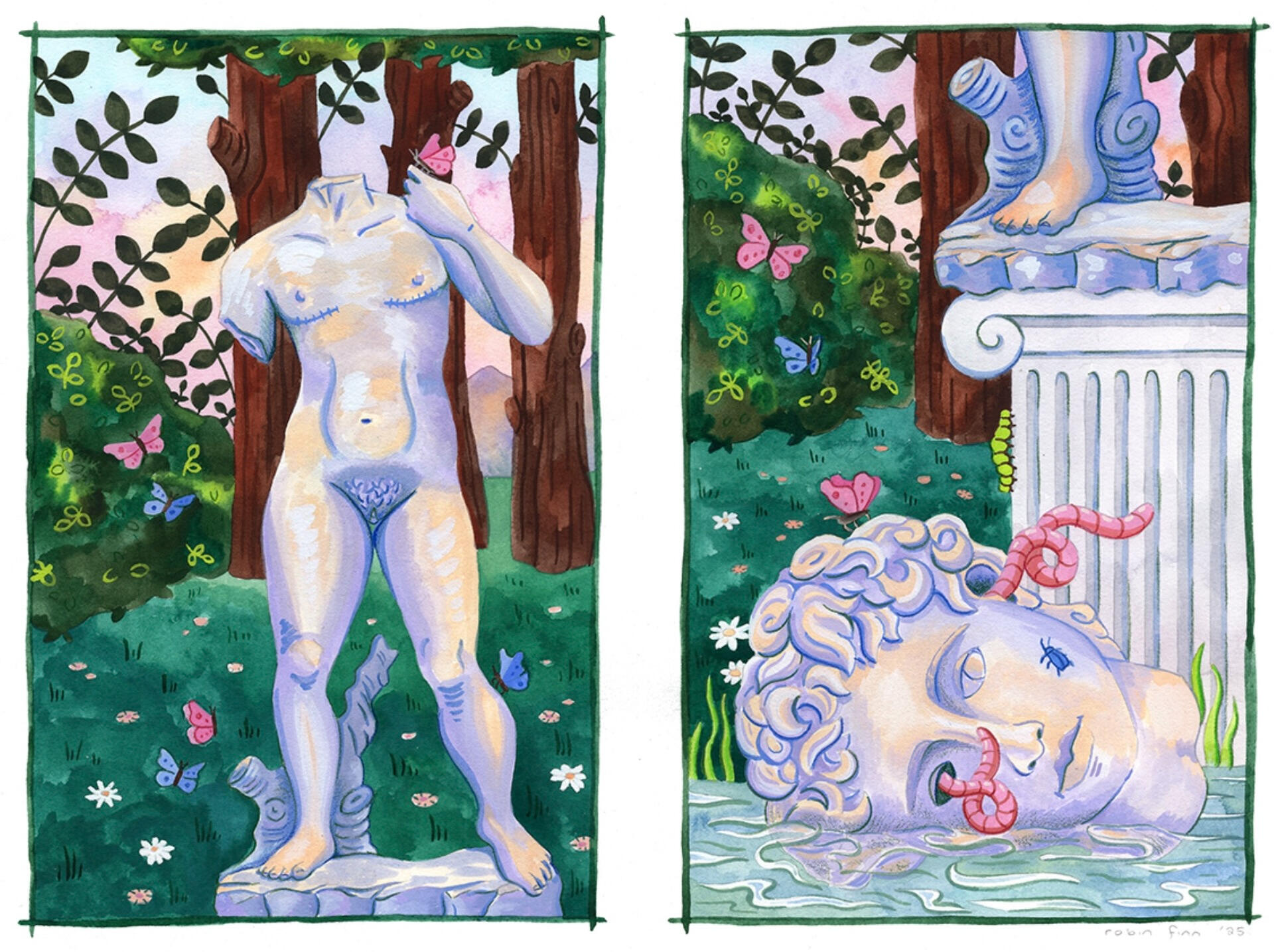 Fall of David | buy prints Two gouache paintings. On the left, a broken classical statue of a headless transmasc body surrounded by butterflies and greenery. On the right, a close up of their head, half sunk in a pond below the statue base, with worms coming out of their ear and eye