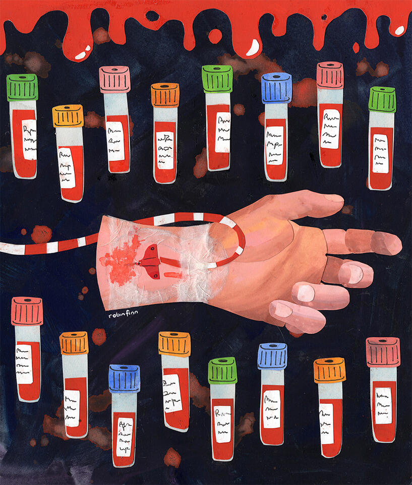 Dysautonomia #1 Gouache and cut paper collage of a hand with an arterial wrist catheter, against a dark background splattered with red, surrounded by test tube vials of blood.