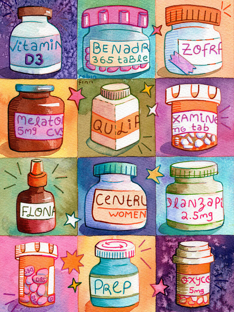 Watercolor painting showing a colorful grid of stylized pill & medication bottles. Left to right, starting at the top: Vitamin D3, Benadryl, Zofran, melatonin, Qulipta, fluvoxamine, Flonase, Centrum Women's multivitamin, olanzapine, Depakote, PrEP, oxycodo