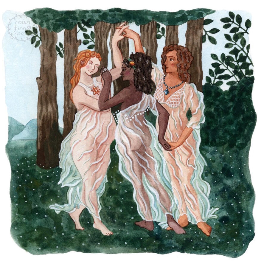 Three Graces | buy prints Gouache painting of the three graces dancing in a circle in the forest, after Botticelli's painting Primavera.