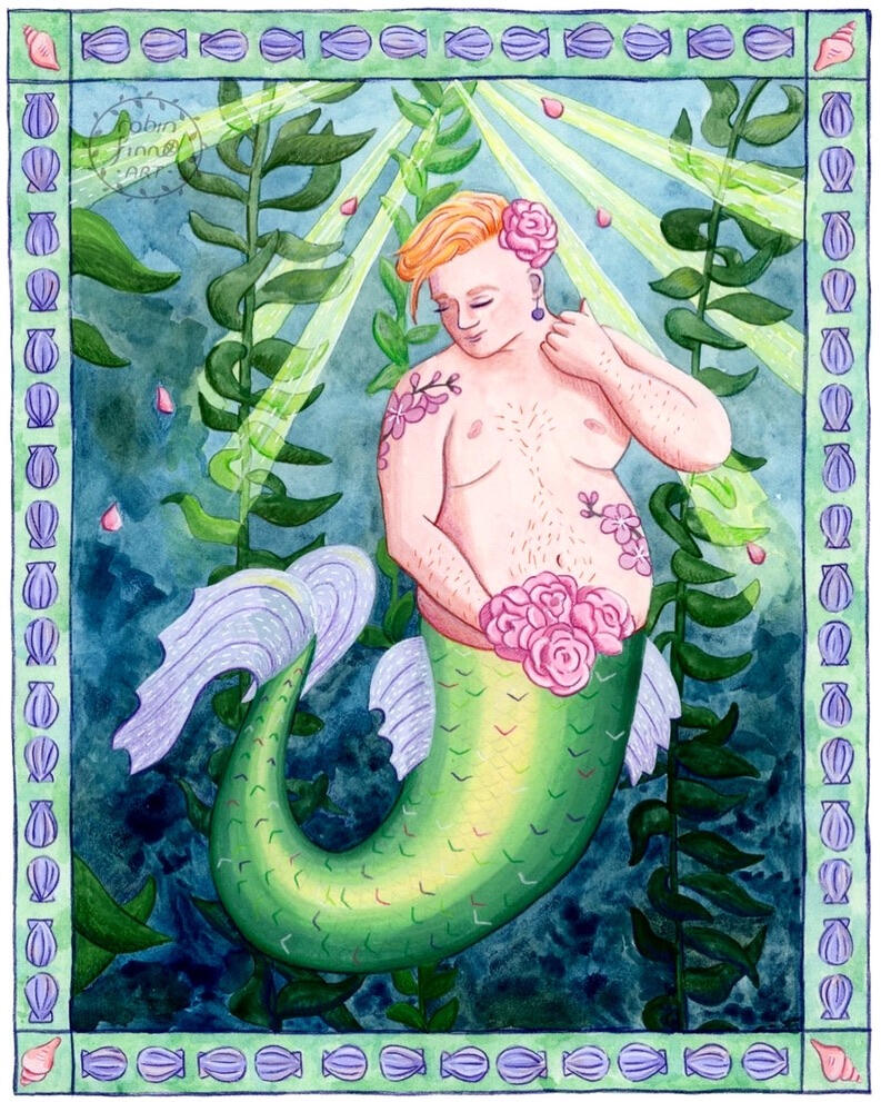 Merman | buy prints Gouache painting of a light-skinned, fat merman with cherry blossom tattoos and a bunch of peonies, posing in the sunlight in a kelp forest.