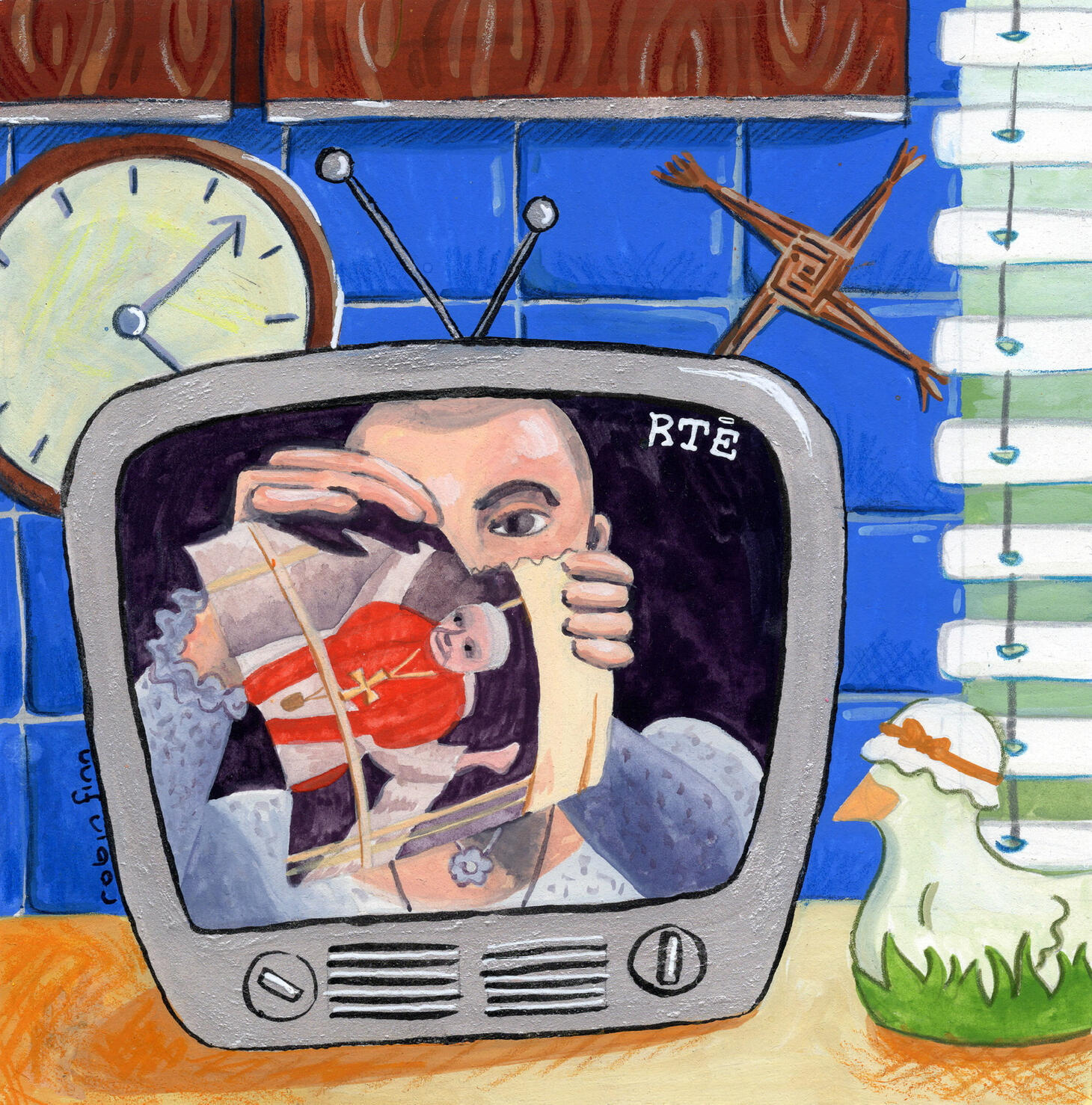 Sinéad | buy prints Gouache painting of a 90s television showing Sinéad O'Connor ripping up a picture of the pope.