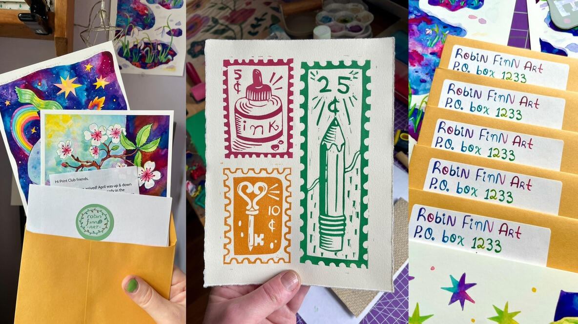 3 photos: envelope with two prints and a letter, a linocut print of a stamp collection, a set of labeled envelopes